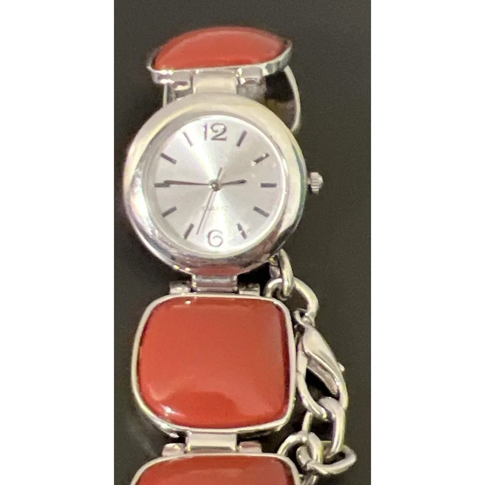 Silver Tone Chunky Bracelet Watch‎ Brick Red Burnt Orange